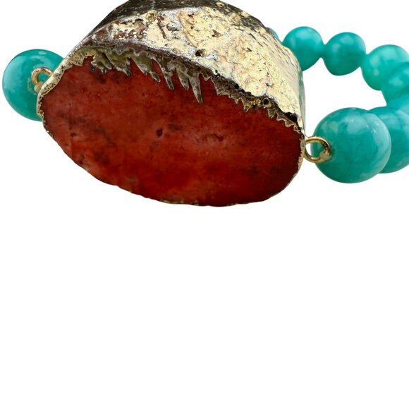 Amazonite Beaded Bracelet With Pink Druzy Statement Accent Adjustable Elastic De - Picture 6 of 7